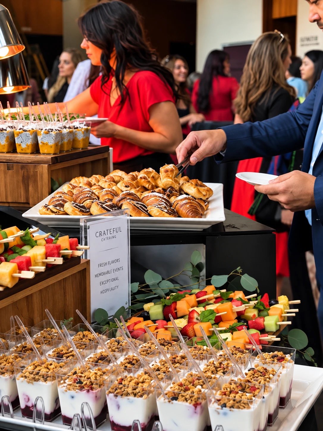 Guests served from a staffed Crateful breakfast buffet with pastries, fruit skewers and yogurt parfaits