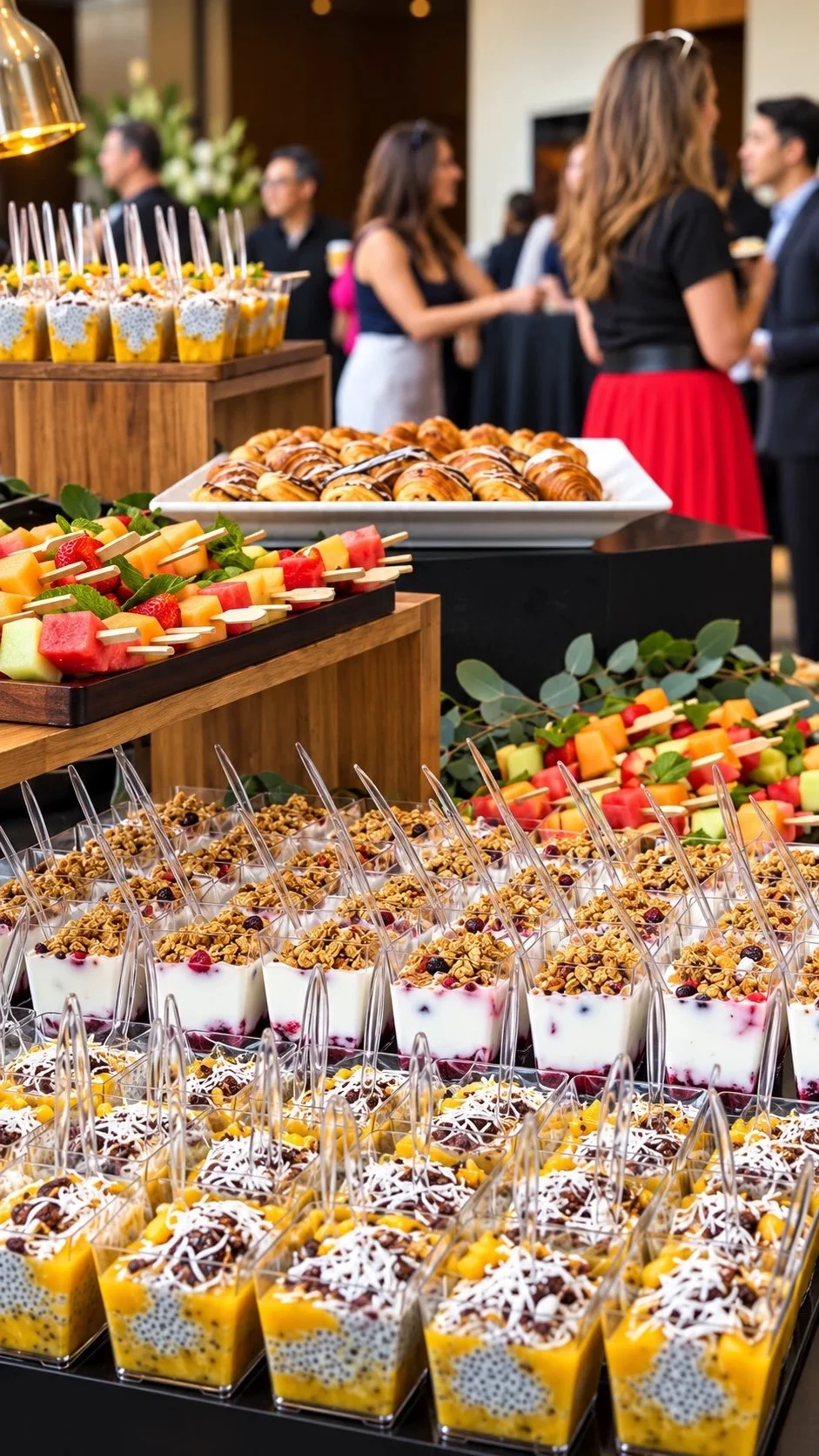 Guests gathering around a catered morning spread of chia pudding cups, pastries and fruit skewers at a Los Angeles office event