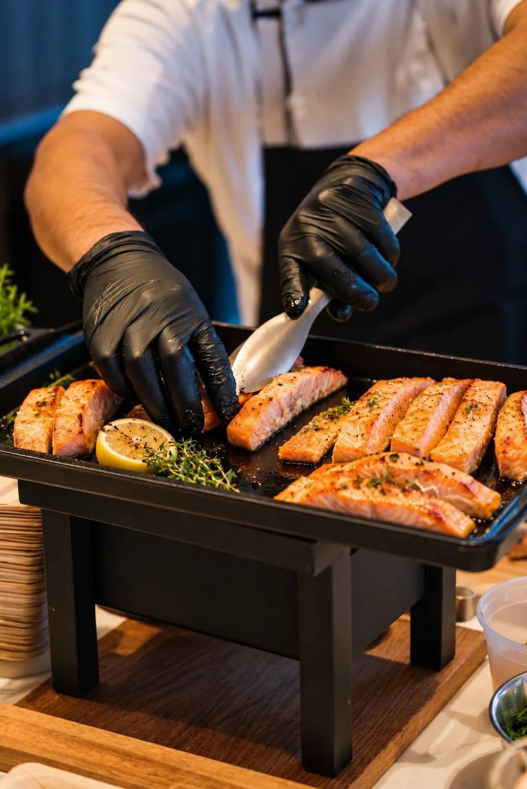 Chef plating seared salmon fillets with lemon and thyme on a live-action station