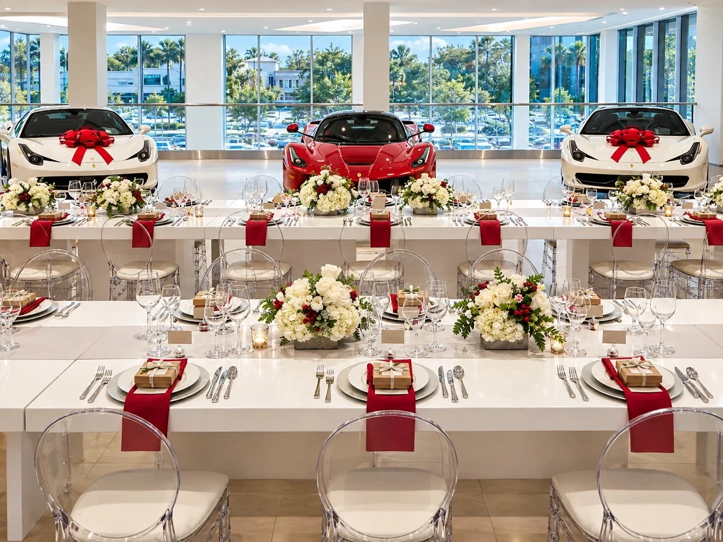 Long banquet tables set with red napkins and white florals in a Ferrari showroom before a private dinner