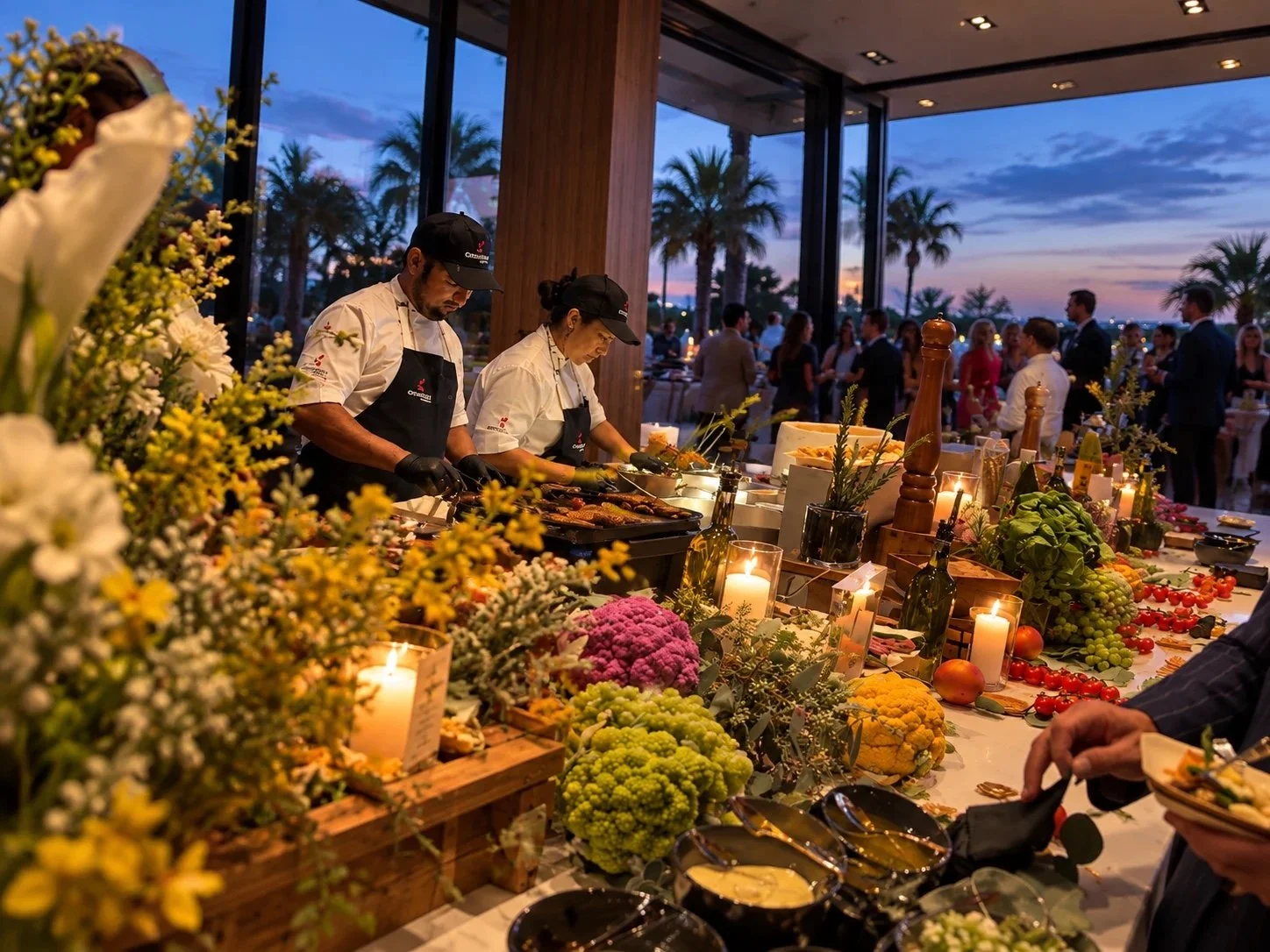 Crateful chefs working a candlelit live-action station as guests mingle at sunset