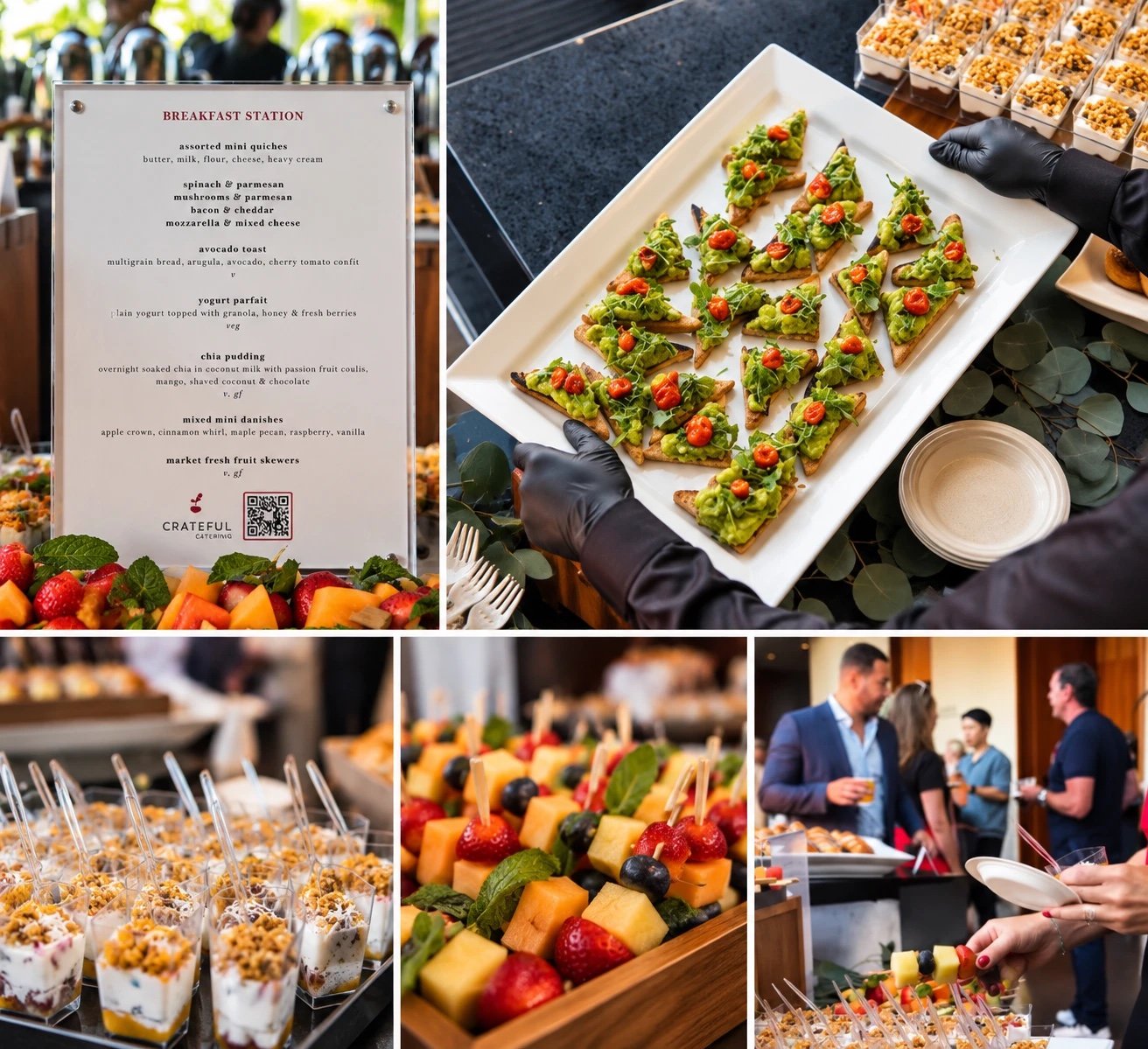 Breakfast station menu card beside avocado toast, yogurt parfaits and fruit skewers at a corporate morning event