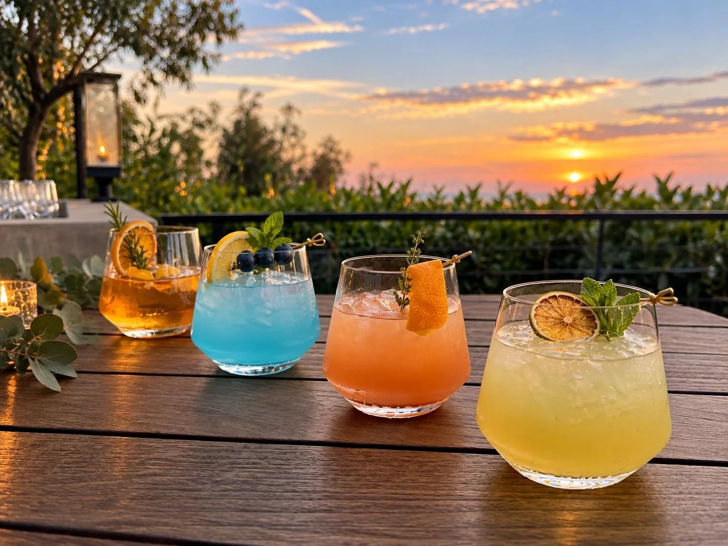 Four garnished signature cocktails lined up on a terrace table at sunset