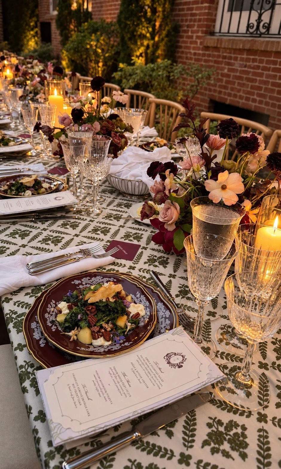 Long candlelit banquet table set with florals, crystal and printed menus for an outdoor dinner