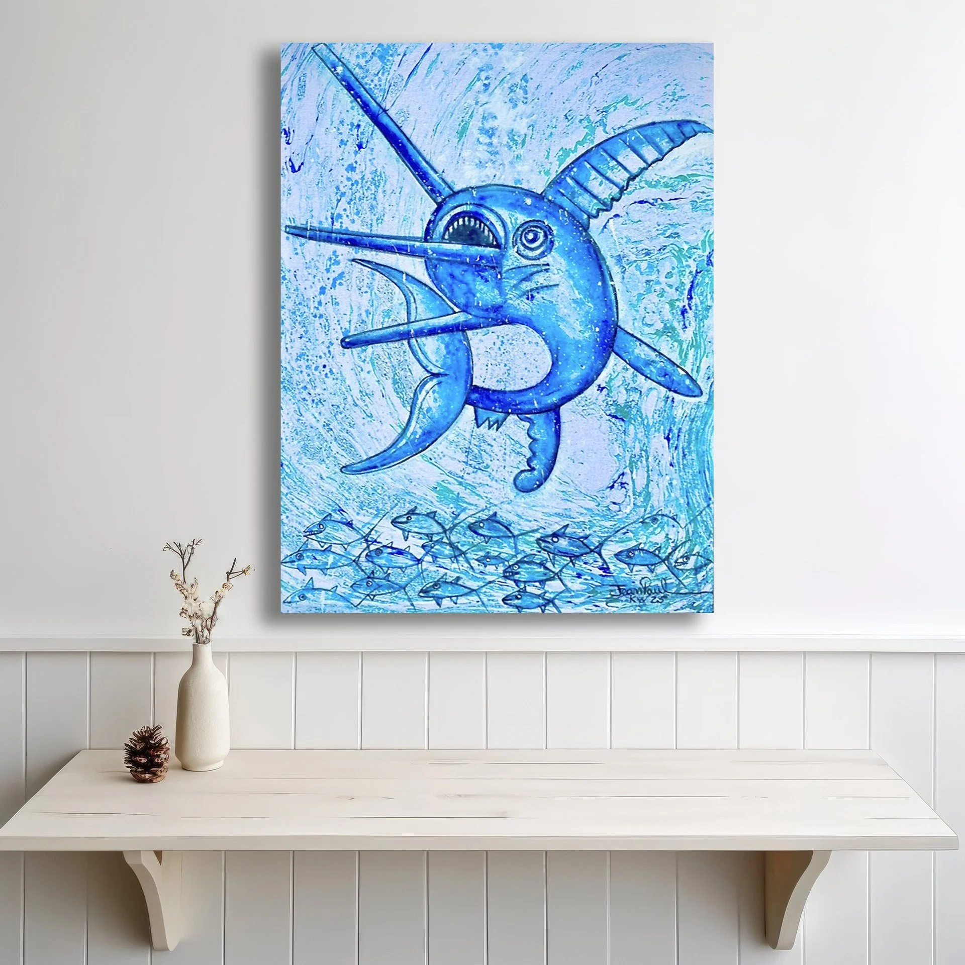 "Swordfish" Original Painting on Marbling, Laurie Vallance (BeMarblous) and Jean Paul Key West