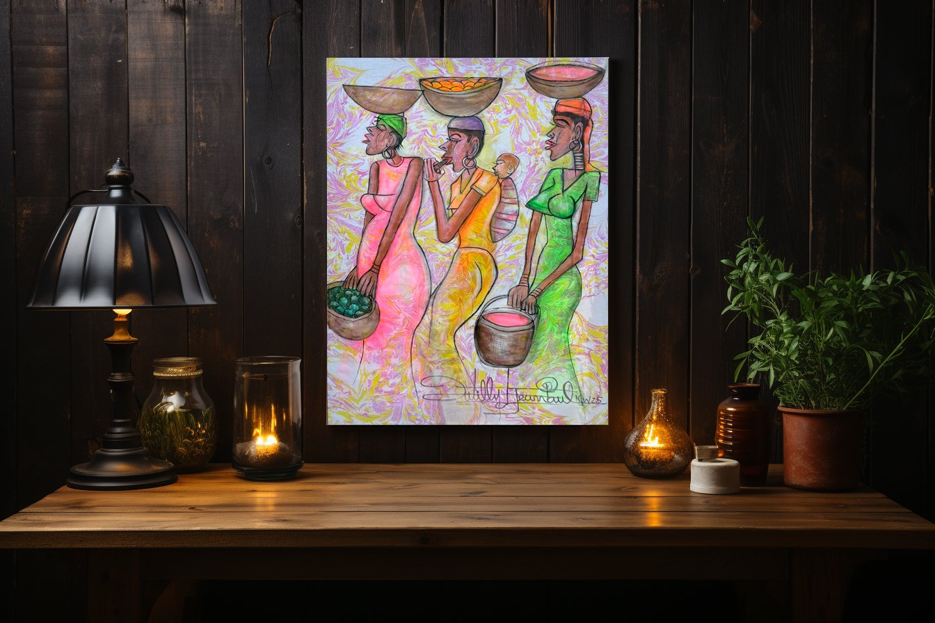 “Women Shopping” Original Painting on Marbling, Laurie Vallance (BeMarblous) and Jean Paul Key West