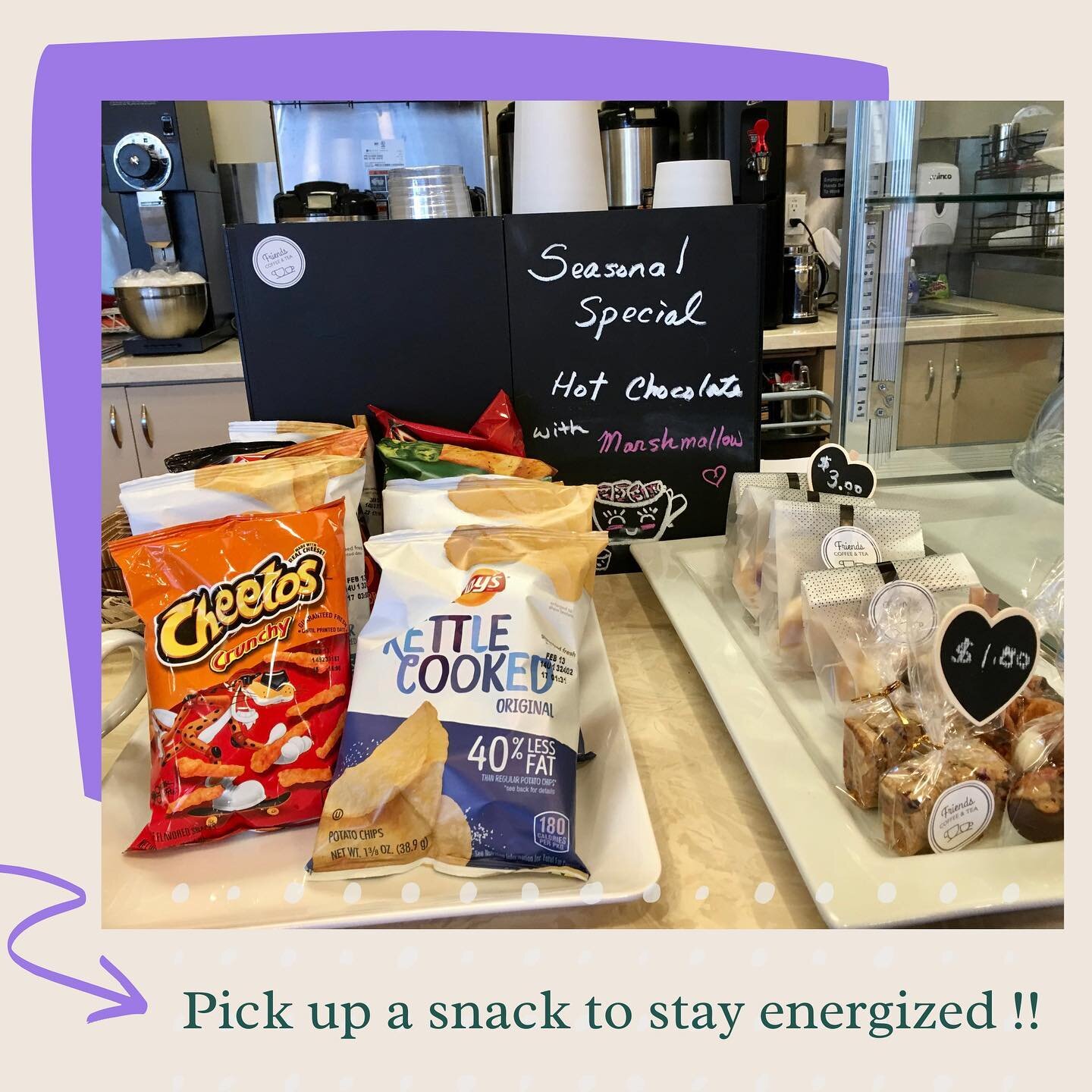 Other than regualr pastries and beverage, we also have one array of different chip bags &amp; snack bags. Next time, dont forget to check our snack basket when you visit us. 

#thursday #snacks #chips #snackbags #snacktime #snack #eats #eat #energize