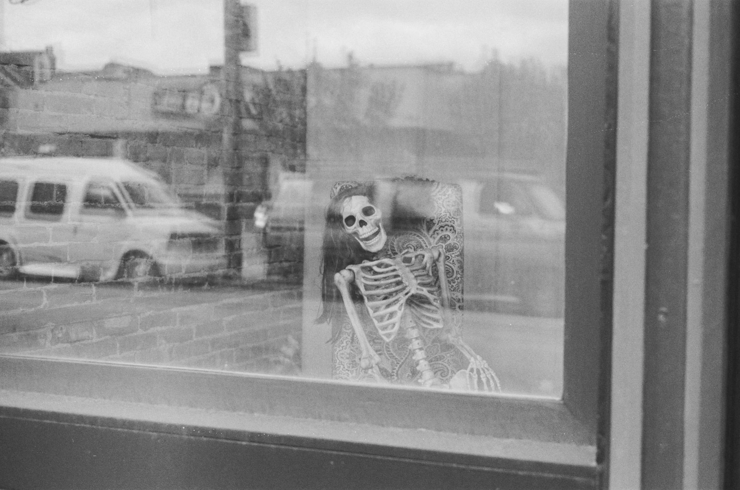 Black and white photo of a window, showing a skeleton figure leaning against a patterned background with a skull mask, inside a room with a brick wall outside.