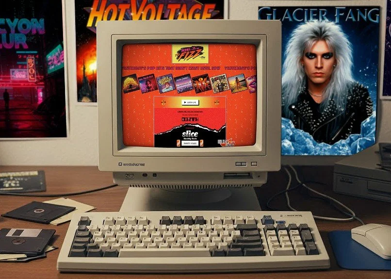 A vintage computer setup with a CRT monitor displaying a website, a keyboard, and a mouse on a desk. Behind the monitor are posters including one of a woman with platinum blonde hair and makeup, dressed in black with a leather jacket, against a blue background with ice or snow.
