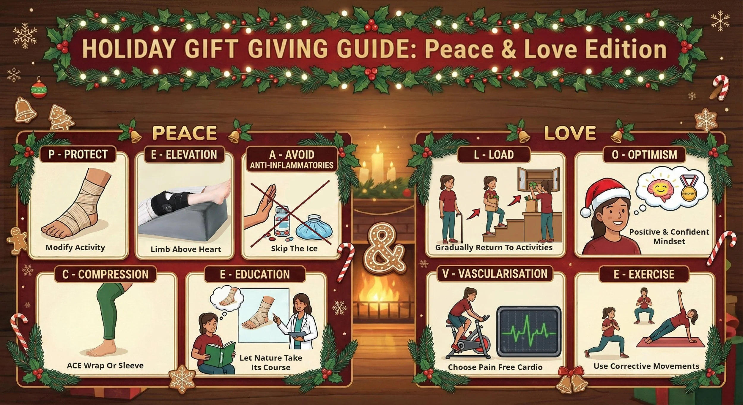 Graphic for The Knee Joint blog titled “Holiday Gift Giving Guide: Peace & Love,” outlining the PEACE & LOVE recovery method and highlighting essential tools for successful recovery from musculoskeletal injuries.