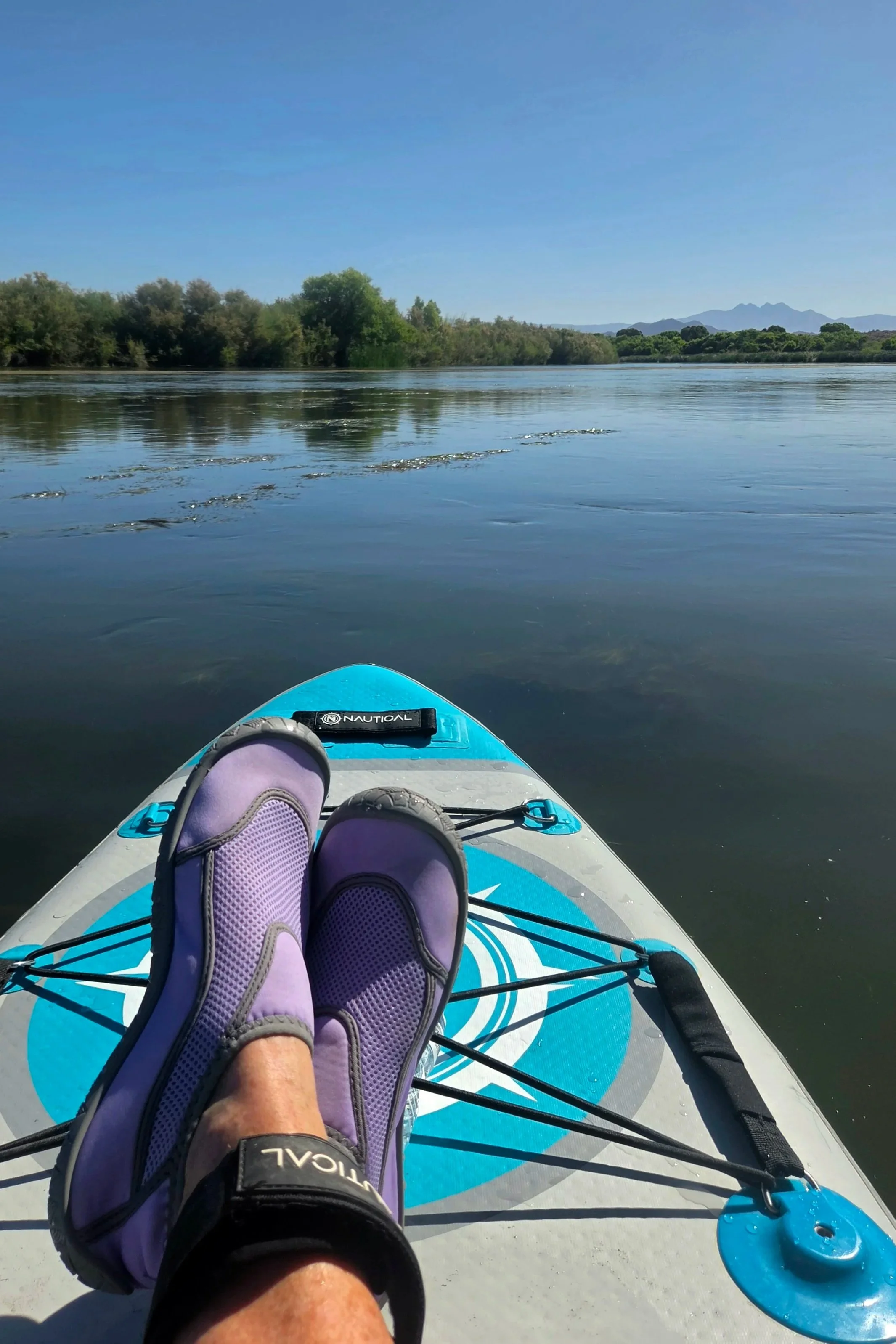 Paddleboard on river with grass showing above water