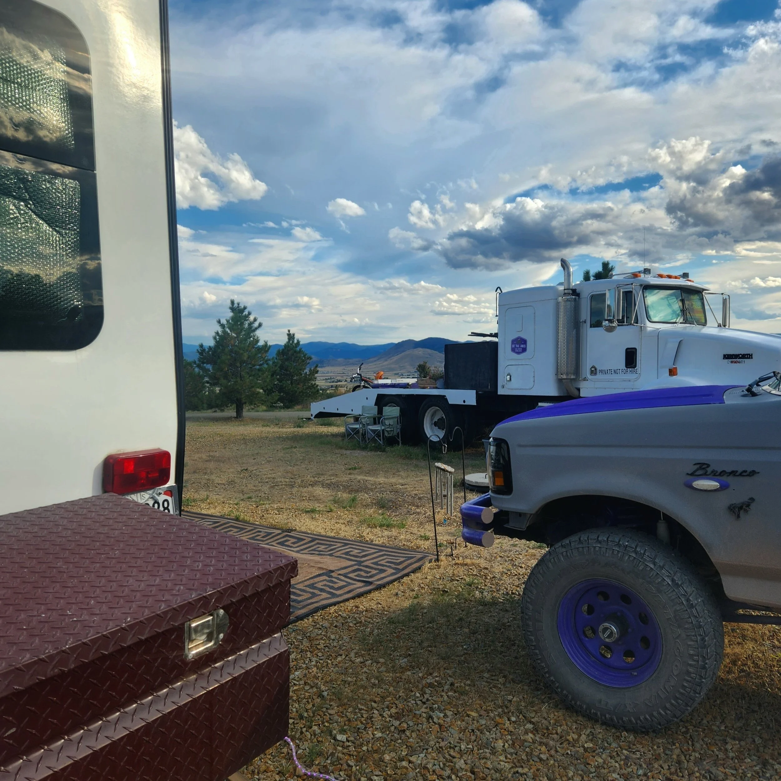 Our campsite with Semi, Ford Bronco and trailer in Helena, Mt