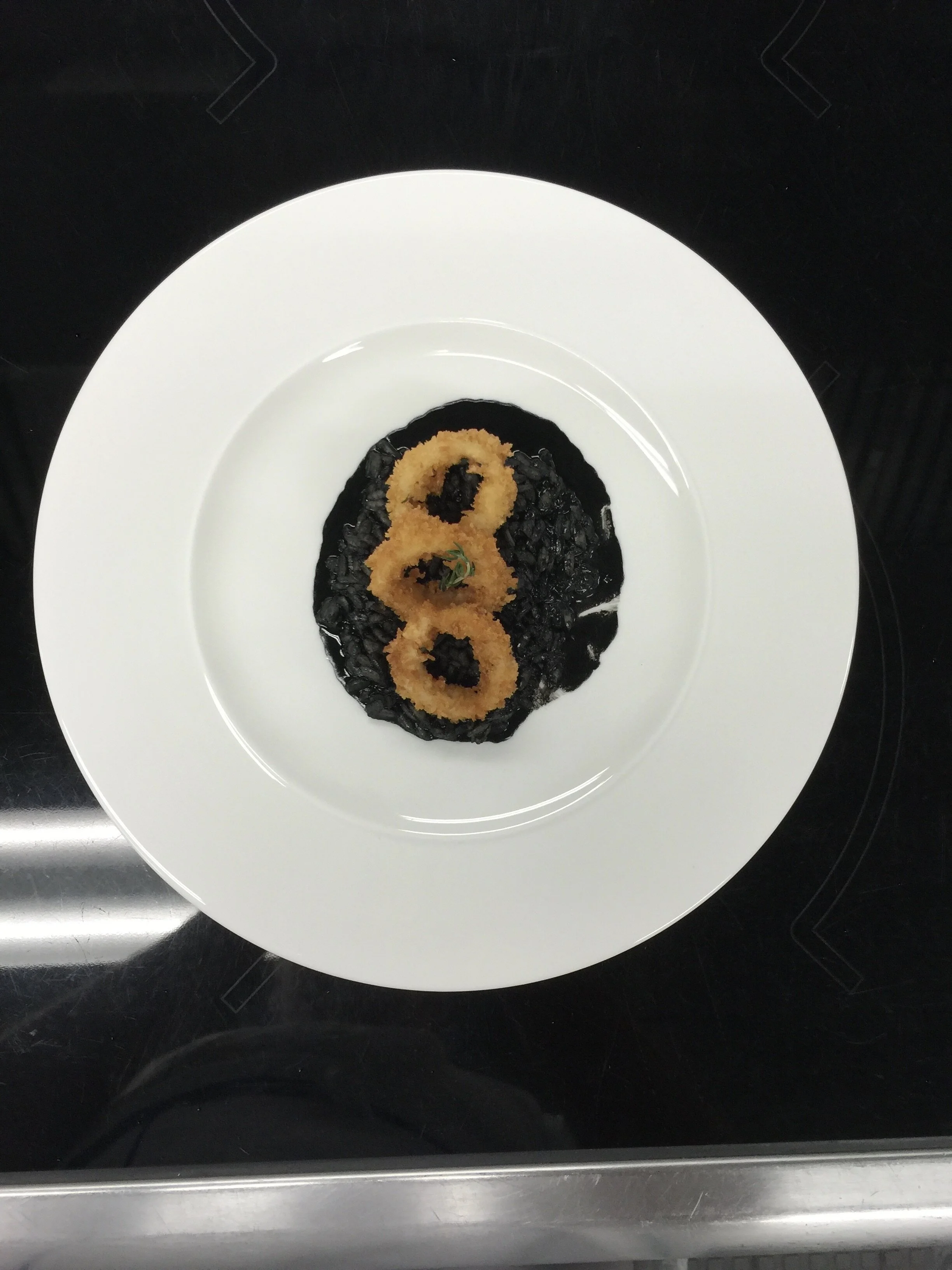 Squid Ink Risotto with Calamari Rings