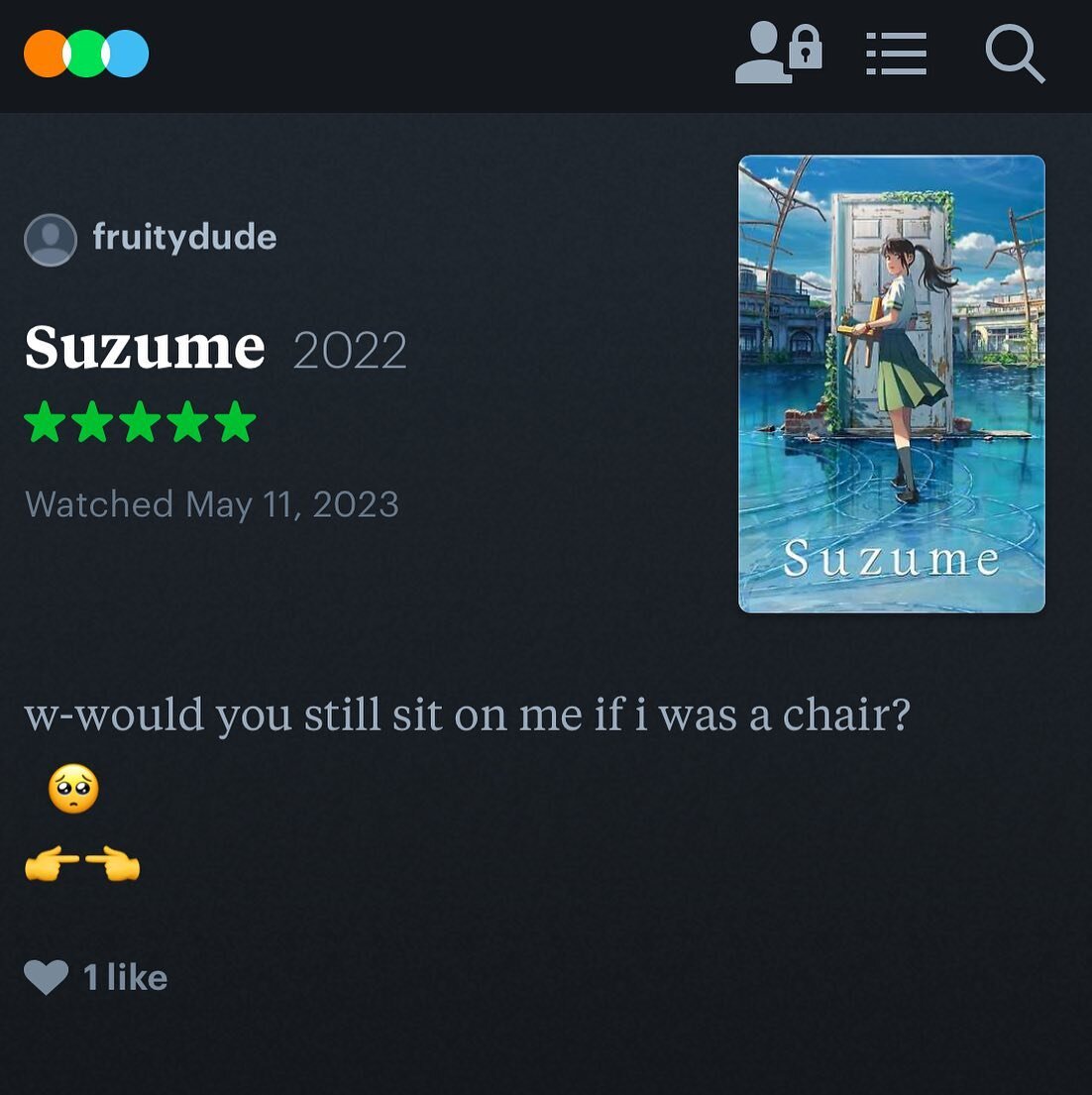 I'm team sit

I've danced with a chair, talked to a chair, written dialogue between chairs, do you really think I wouldn't sit? I'm gonna sit! Four legs, Five Stars. 
.
.
.
#fivestarfriday #fivestars #fivestarreview #funnyreviews #letterboxd #letterb