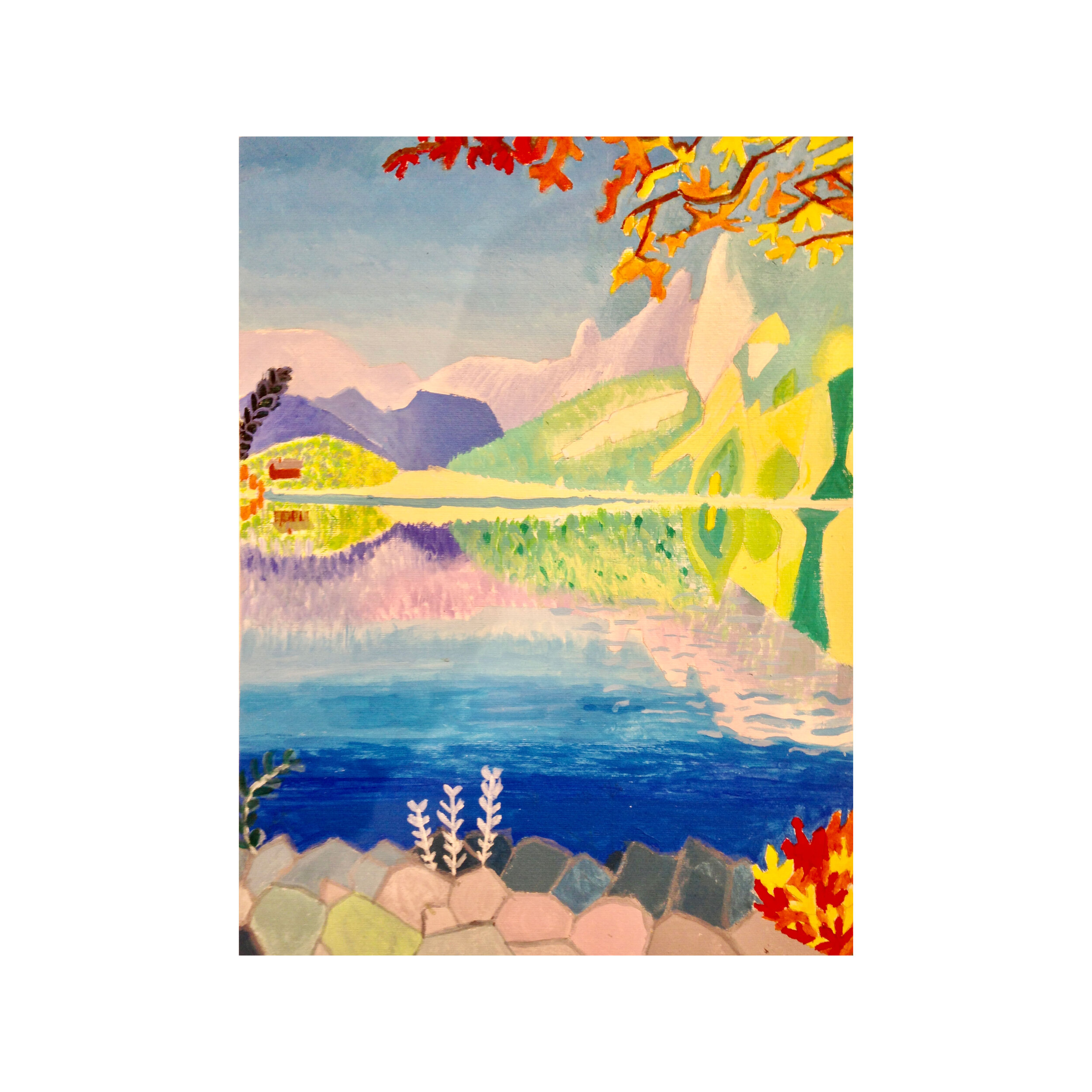 A painting of Taney lake in gouache by Leah