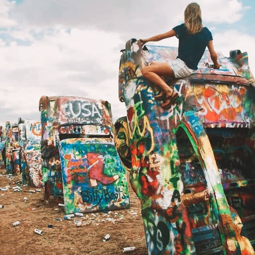 Pitstop at the @cadillacranch on route 66 driving into Amarillo, Texas. 10 buried Cadillacs that pay tribute the the 'golden age' of American cars.

It's such an awesome spot, free to enter 24/7. Spray painting them is encouraged, and they even get a