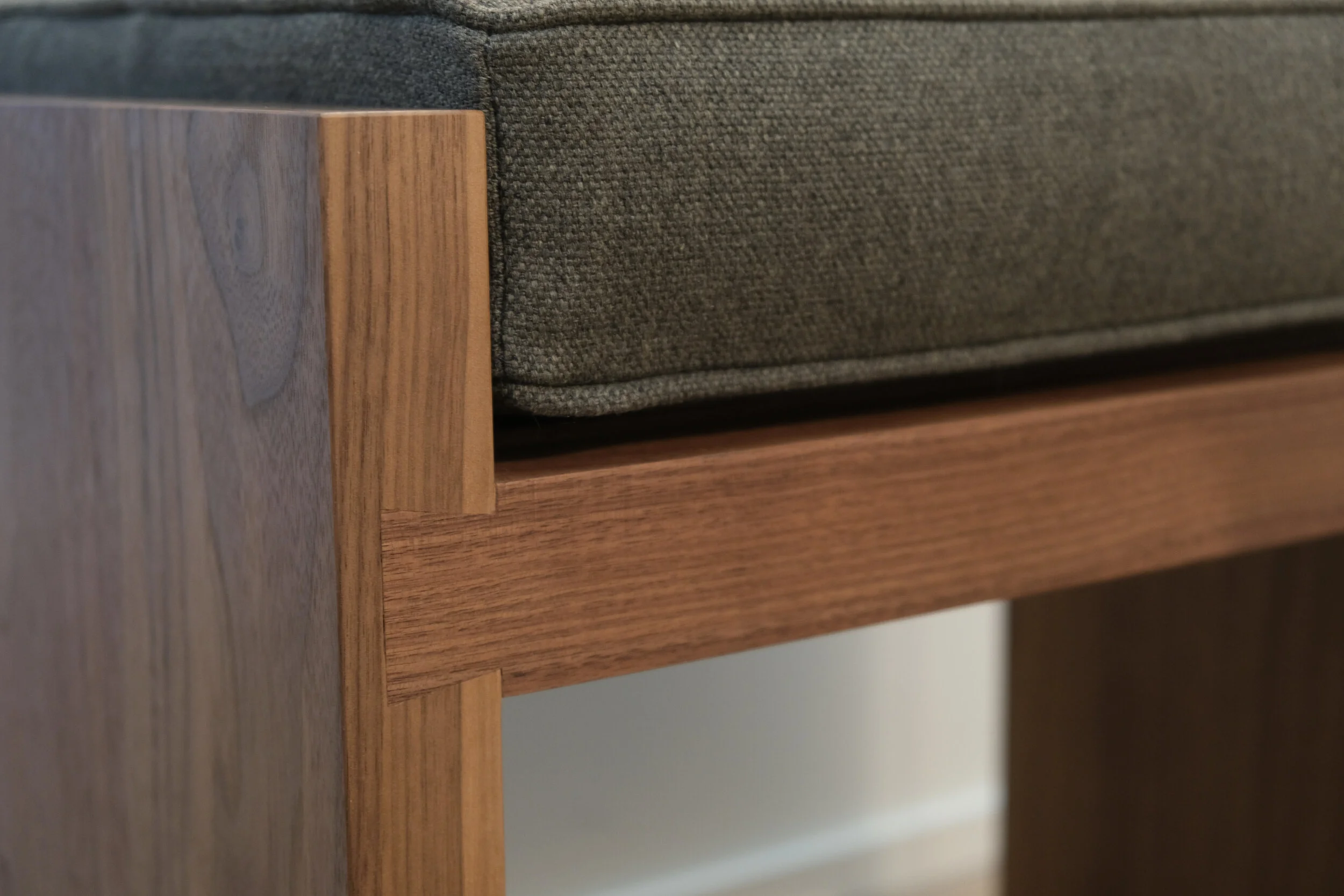 Custom pair of half-lap dovetailed walnut entry stools.