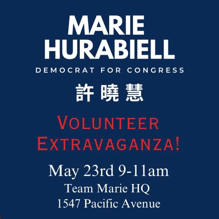 Come by HQ tomorrow morning to phone bank, grab canvassing assignments or pick up a sign for your home or business! 

Let's do this! 

Xx Marie

Team Marie Volunteer Extravaganza
Saturday, May 23rd 9-11am
Campaign Headquarters
1547 Pacific Avenue