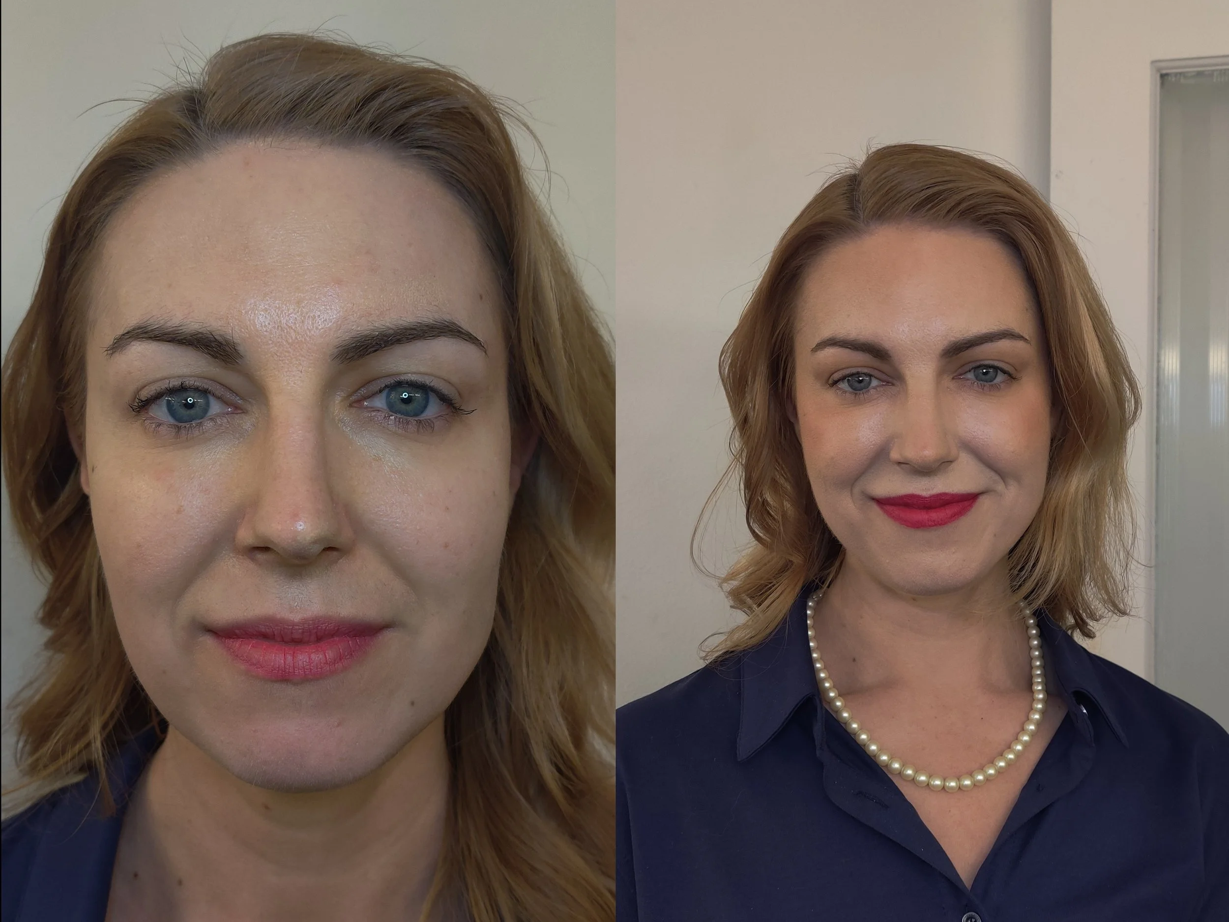Beauty makeup (applied with some stage sensibility to accommodate for set lighting washing the subject out); Before (left), After (right)