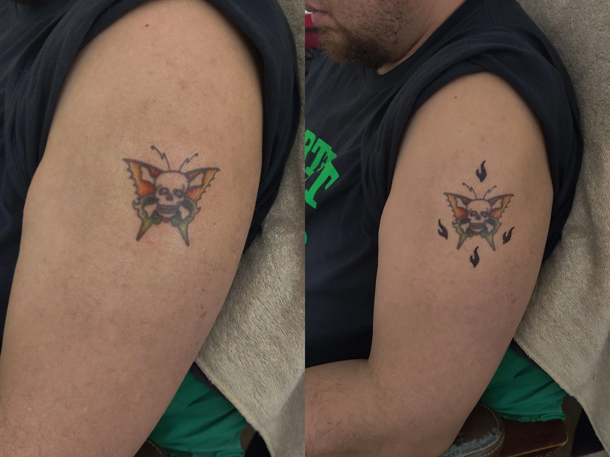 Alteration (right) of original tattoo (left) using a stencil and KD 151 alcohol ink tattoo pen.