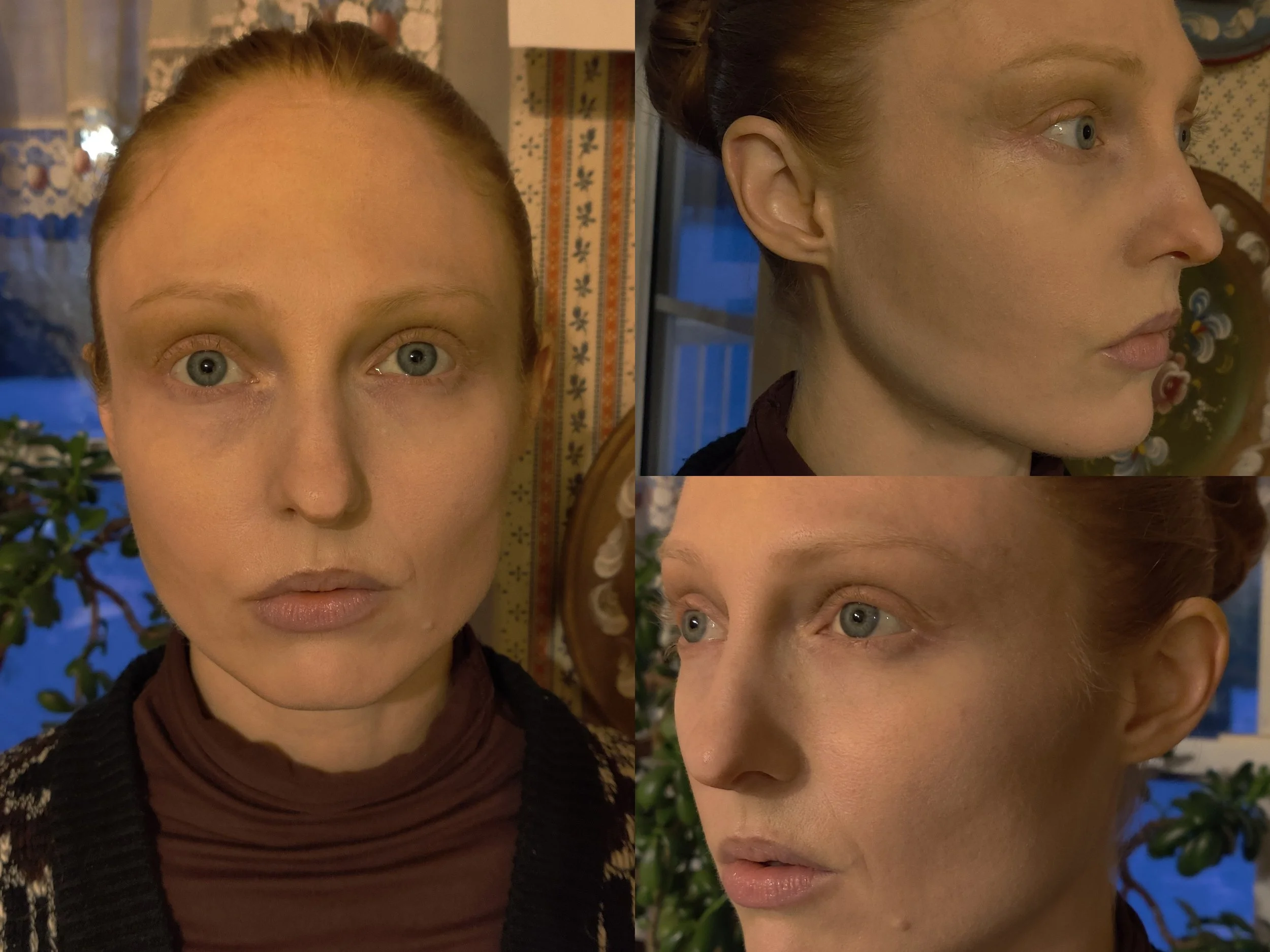 Subtle character makeup applied in line with Tilda Swinton's 'Suspiria' look.  Minimal foundation applied to correct some redness, subtle contour across the cheeks and eye sockets using a cool taupe shade to create more definition. For this character