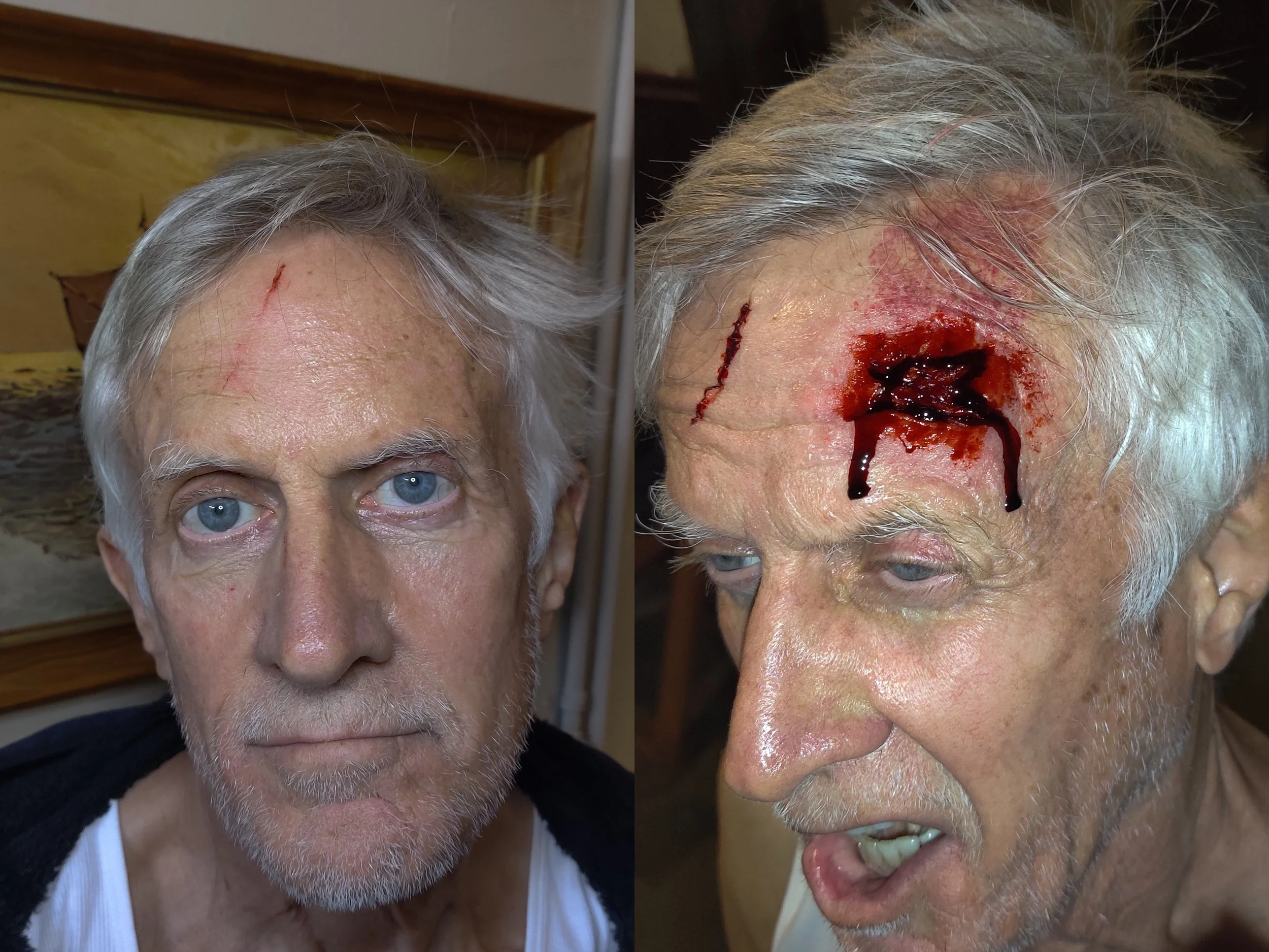 Actor already had a healing wound on his forehead, so for continuity control this wound was incorporated into the FX makeup in the form of a more pronounced cut.  