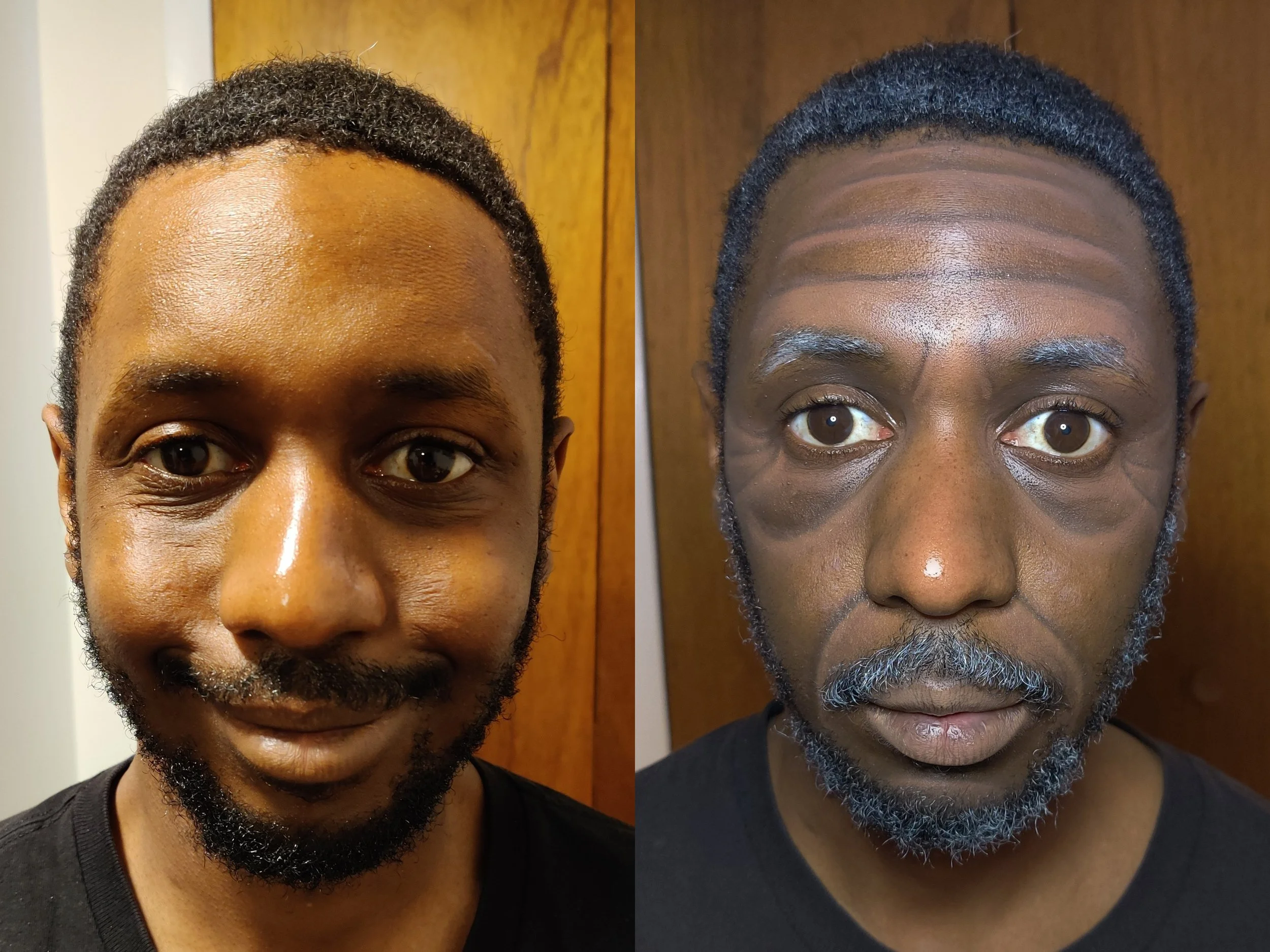 Before (left) and After (right) stage/highlight & shadow aging process. Goal was for a Black man around 60 to 65 years old.