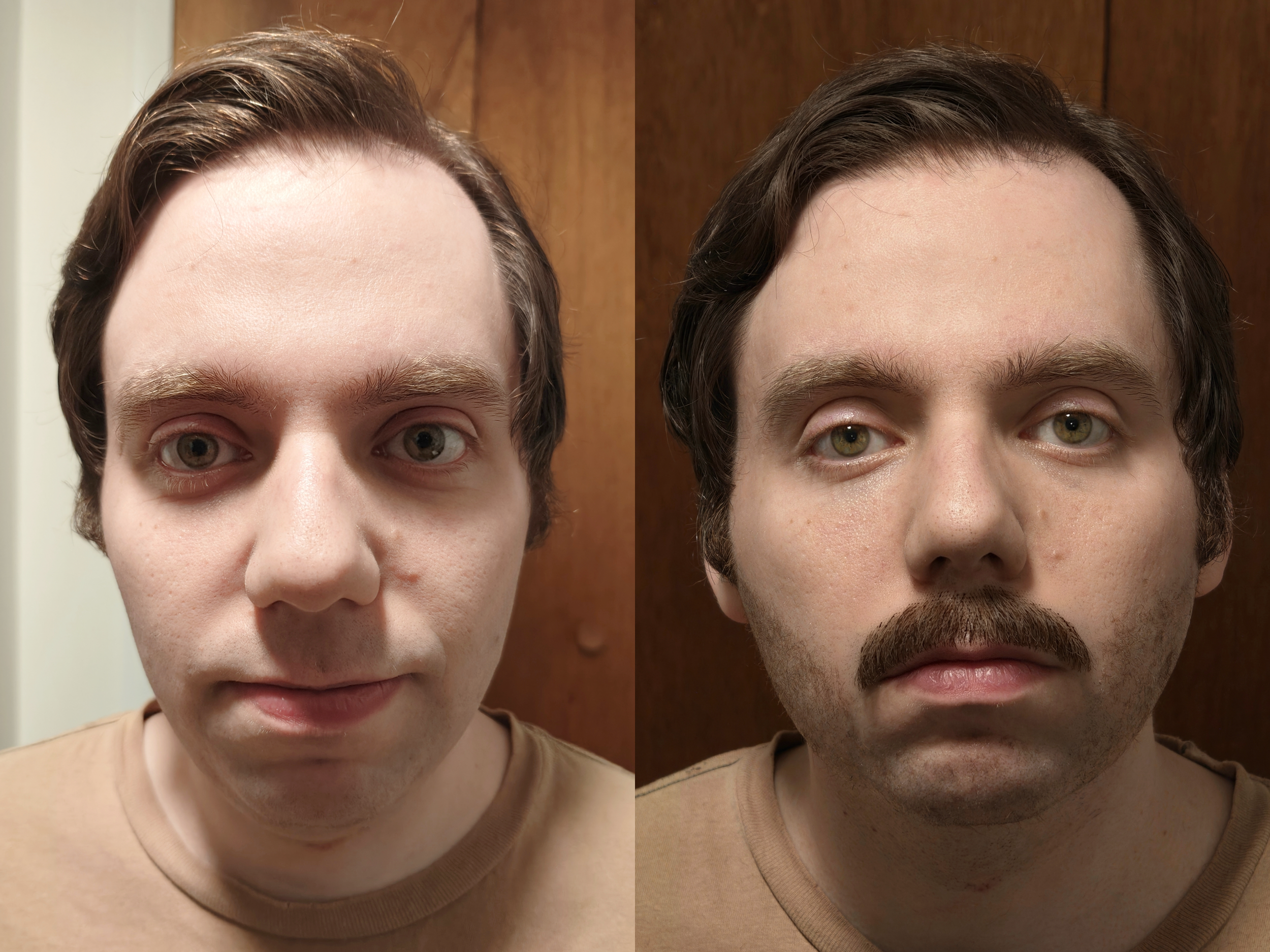 Kryolan lace mustache and hand laid stubble application; Before (left), After (right)