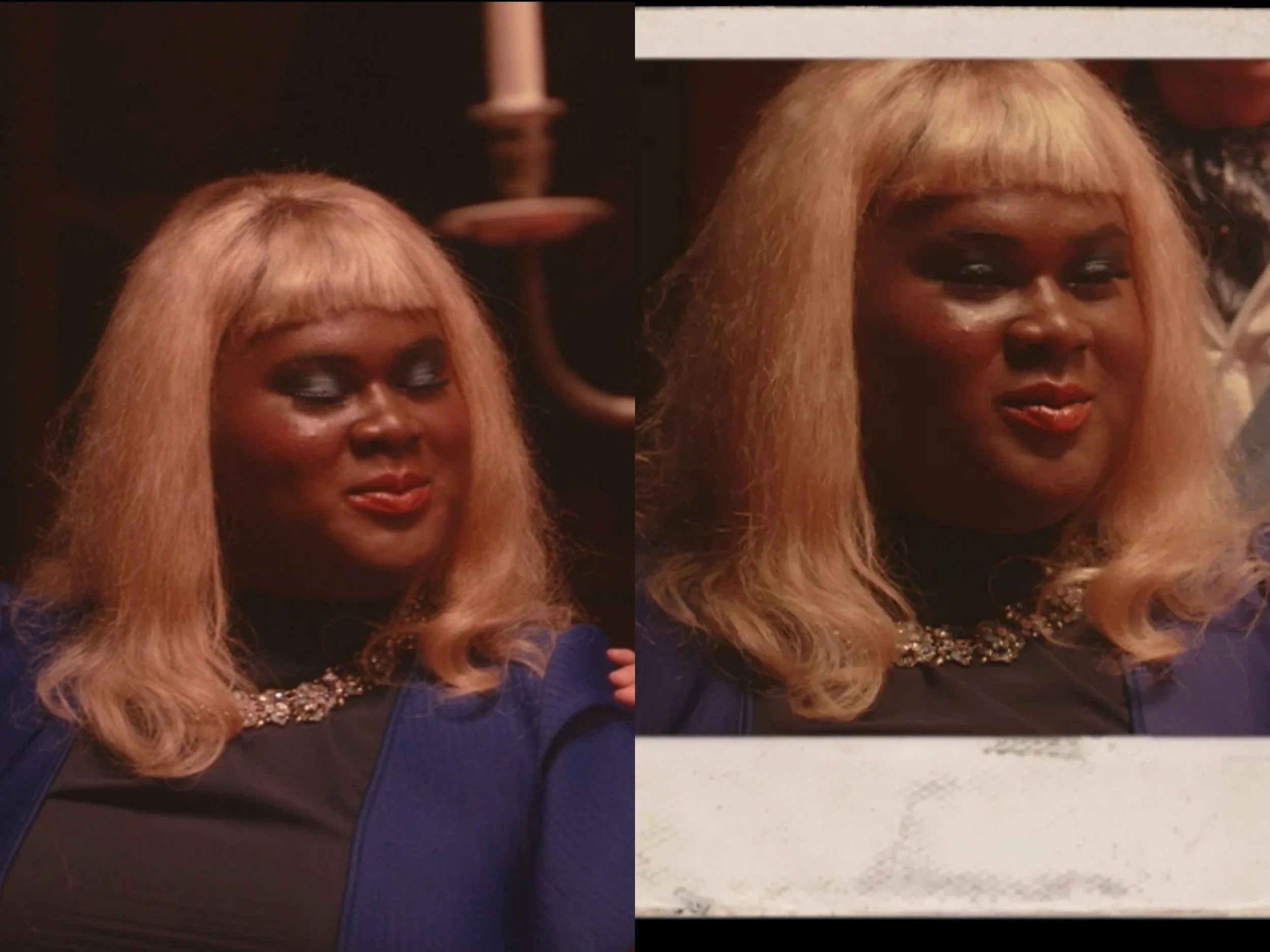 Classic high glamour with a navy blue smokey eye, glossed red lip, and highlighted face.