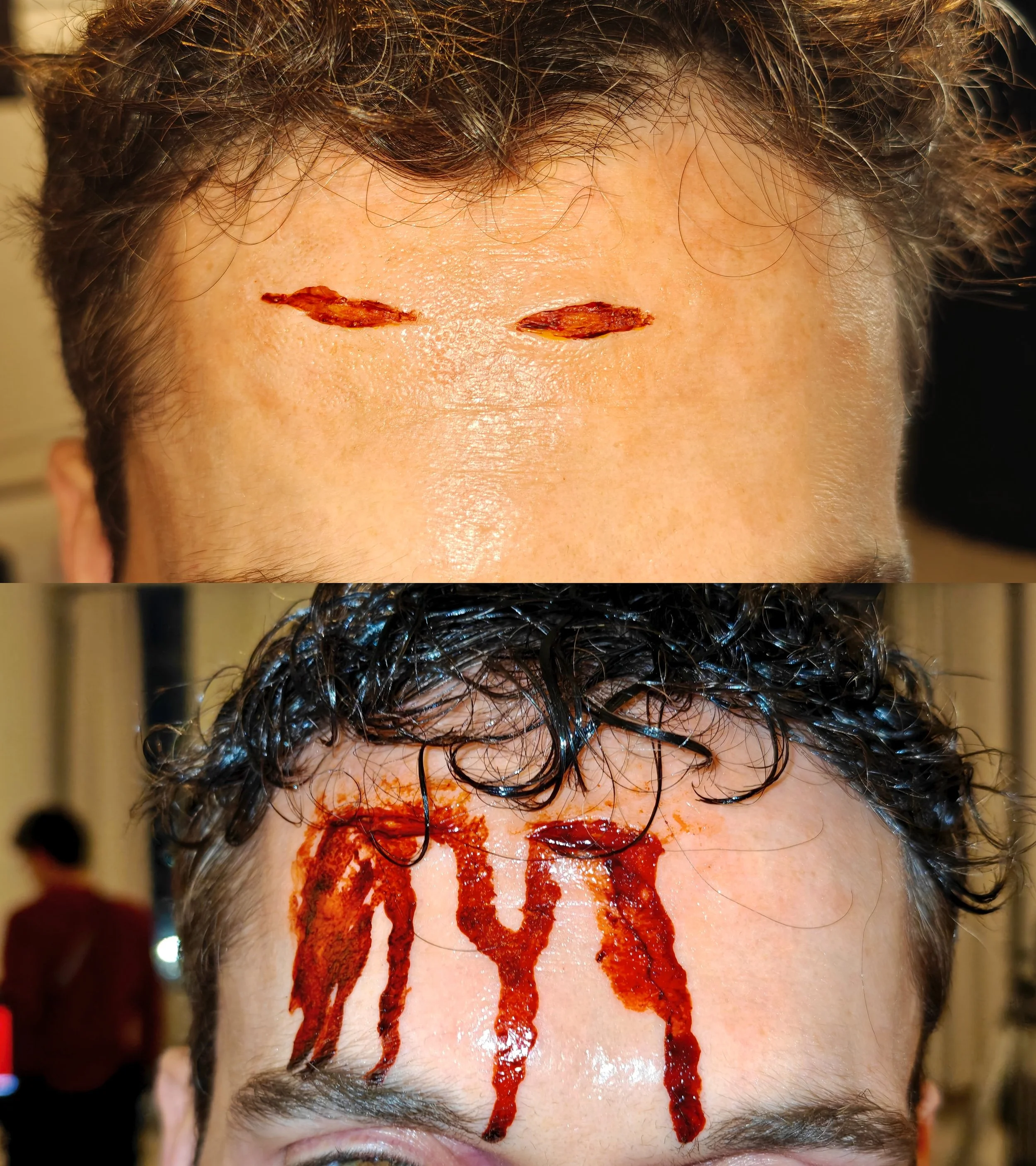 Prosthetic cuts paint job (skin tone matching, erythema, inside of the cuts) and blood application