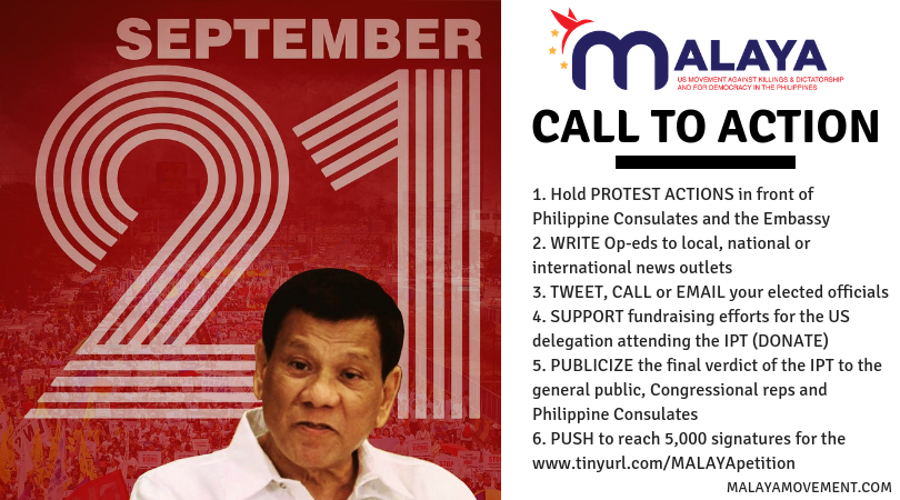 Call to Action! Sept. 21st - 46th Anniversary of Martial Law in Philippines! Stand Against Duterte's Fascism!