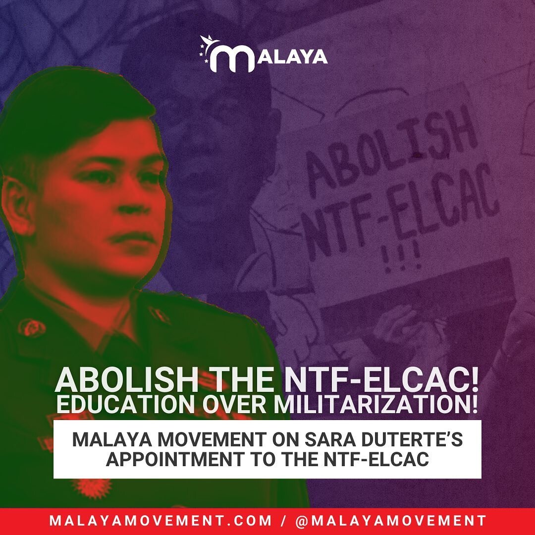 🚨 Abolish the NTF-ELCAC! Education over militarization! 🚨
Malaya Movement USA denounces the appointment of Vice President and secretary of the Department of Education, Sara Duterte&nbsp;&nbsp;as co-vice chair of the National Task Force to End Local