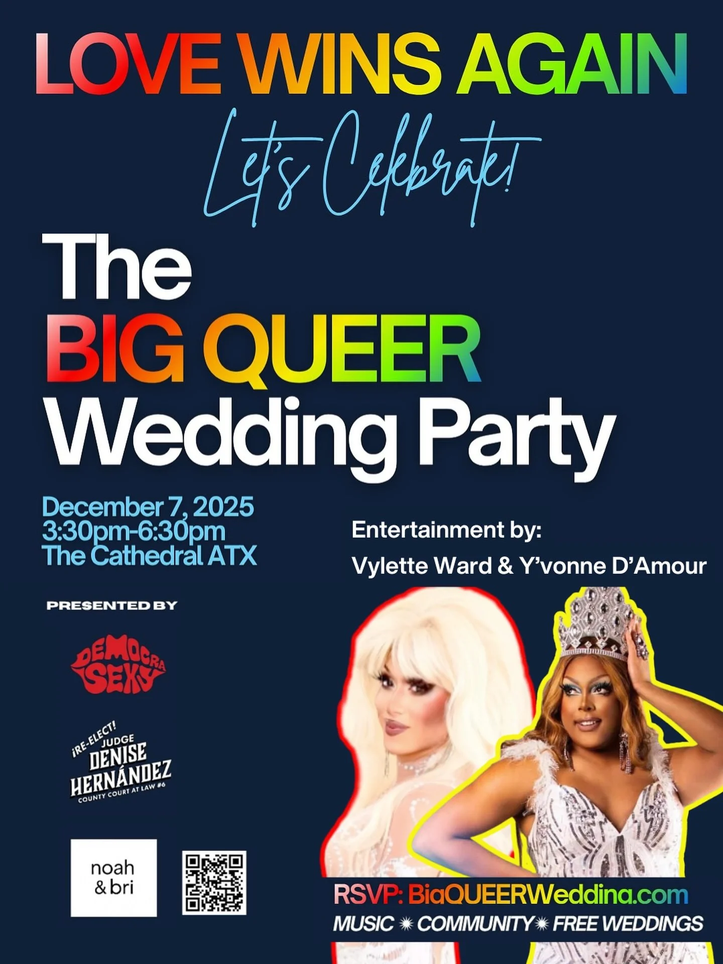 When LOVE takes over, honey! Join us for an epic event where everyone is getting MARRIED! LOVE IS LOVE ✊🏽🌈🏳️&zwj;⚧️
Let&rsquo;s celebrate the power and resilience of our community at THE BIG QUEER WEDDING PARTY!

December 7th at The Cathedral ATX,