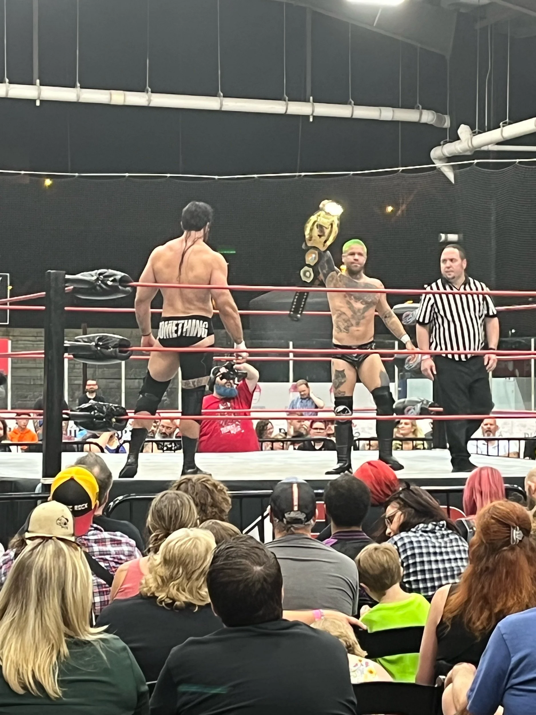 Kevin Blackwood shows off the newly debuted ESW Heavyweight Championship belt prior to his defense against Jake Something