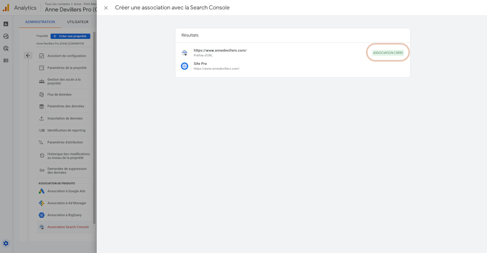 Google Analytics 4 - Association Search Console - Association créée