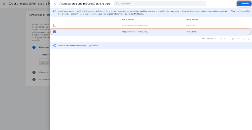 Google Analytics 4 - Association Search Console - Choix propriété
