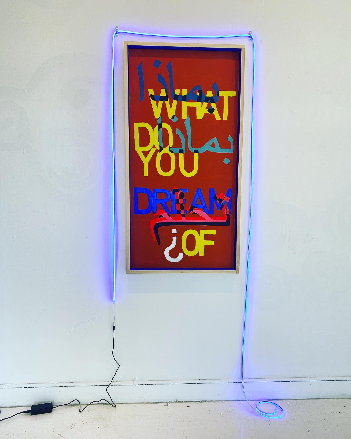 &ldquo;What do you Dream of?&rdquo; 24&rdquo; x 48&rdquo; acrylic and tempera on canvas, wooden frame, Led neon light strip 2022.