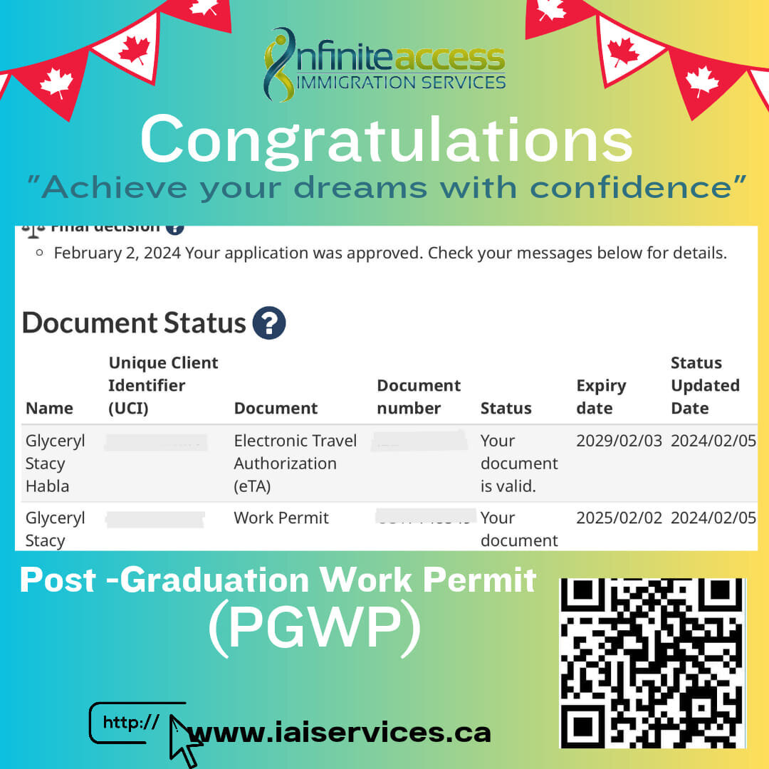 🎉 Congratulations Glyceryl on your PGWP approval! 🇨🇦

Thank you for choosing us to be part of your Canadian journey, from the initial study permit application to the PGWP, and soon, the permanent residence application. Your dedication and hard wor