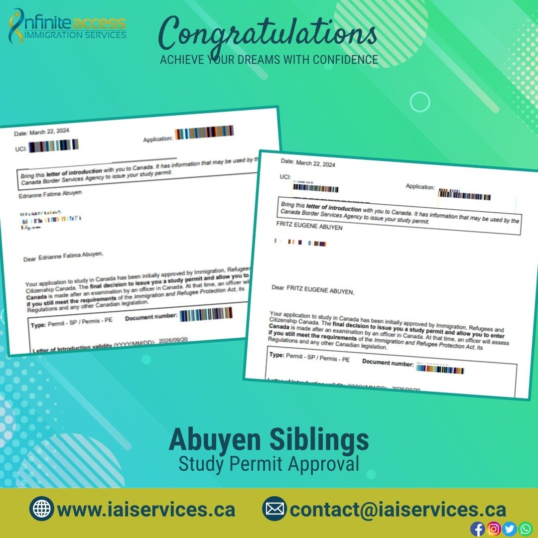 Congratulations to the Abuyen siblings! Wishing you both a bright future and immense success in your studies in Canada. May your academic journey be enriching and rewarding.

👉 Send your r&eacute;sum&eacute; to 📧 contact@iaiservices.ca for a FREE p
