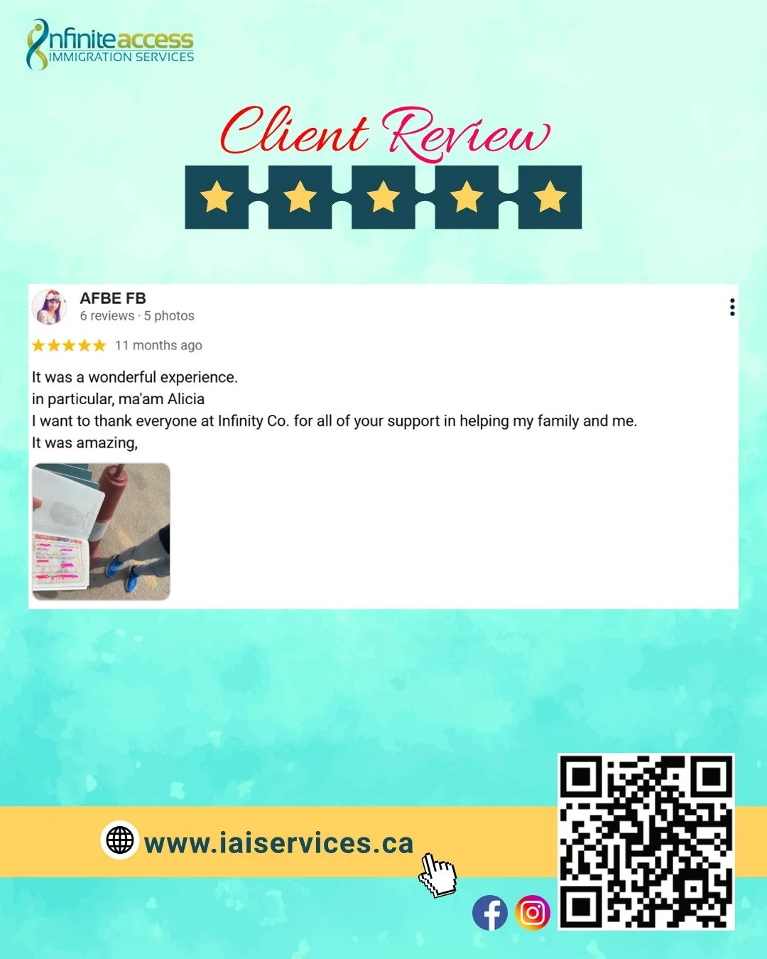 We&rsquo;re grateful for your kind words! Thank you for choosing Infinite Access and trusting us with your journey.

👉 Learn more about other immigration pathways and programs to find out which one is right for you. Send your r&eacute;sum&eacute; to