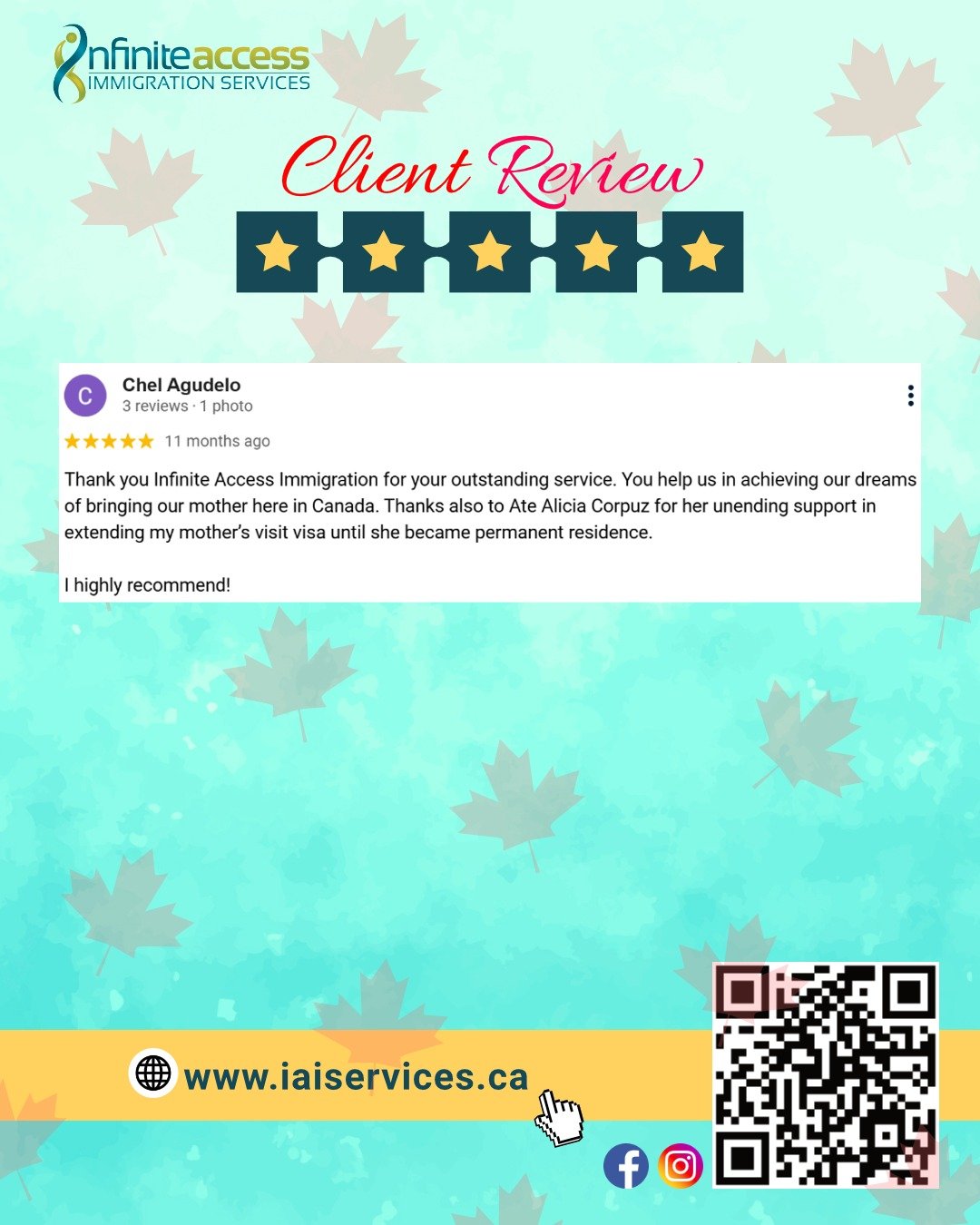 Thank you so much for the kind words! We're really happy we could help you bring your mom to Canada. We truly appreciate your recommendation. 

Wishing you and your family all the best!

👉 Learn more about other immigration pathways and programs to 