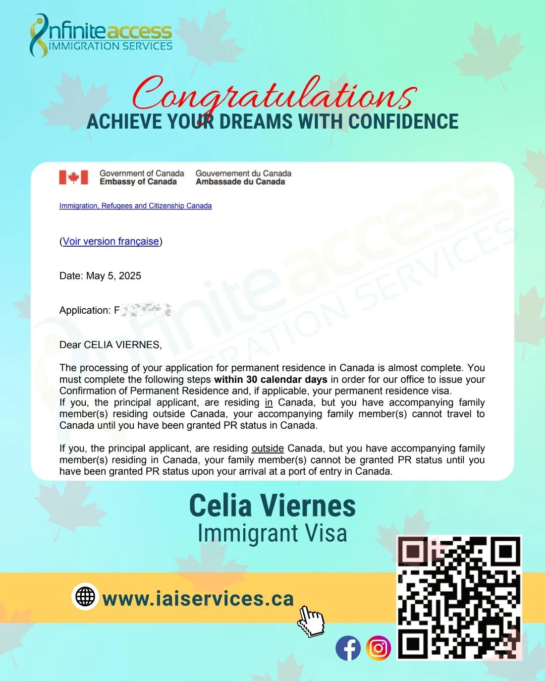 We&rsquo;re thrilled to congratulate one of our wonderful clients, Celia Viernes, who just received her approval to immigrate to Canada under the Parents and Grandparents Sponsorship Program! 🇨🇦🎉

We wish you and your family many joyful memories i