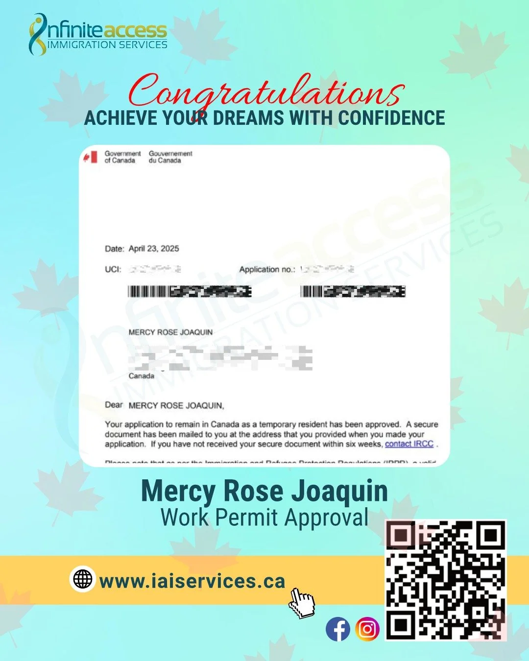 Congratulations to our client who recently received her Occupation-Restricted Open Work Permit!

This clients began her journey in Canada as international student and successfully completed her program.👨&zwj;🎓🌟

We are proud to have guided her in 