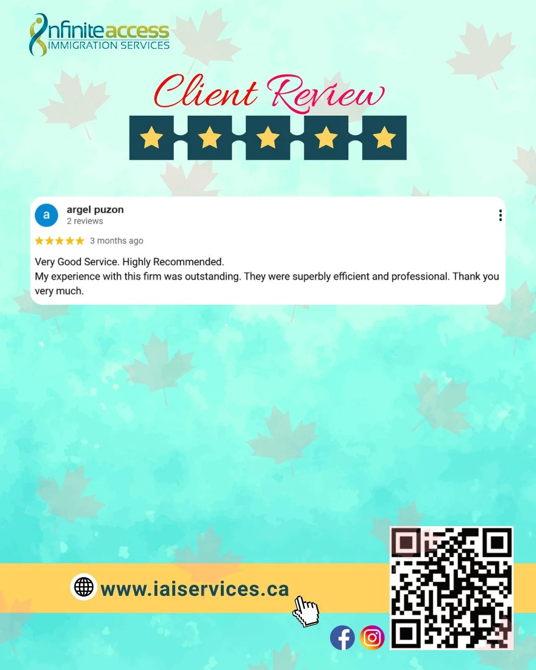 We&rsquo;re grateful for your kind words and recommendation! Providing efficient and professional service is always our top priority. Thank you for choosing Infinite Access and trusting us with your journey.

👉 Learn about immigration pathways and p