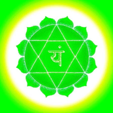 Grünes Mandala mit einem Om-Symbol in der Mitte, umgeben von Lilienblättern, auf leuchtendem grüner Hintergrund.