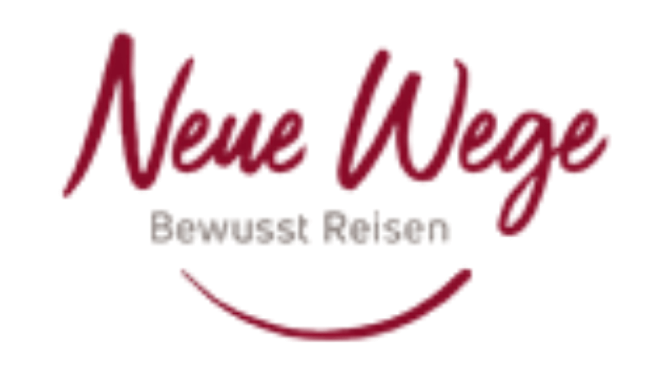 Logo 'Neue Wege' in roter Schreibschrift und 'Bewusst Reisen' darunter in kleinerer Schrift, mit einer halbkreisen Linie darunter.