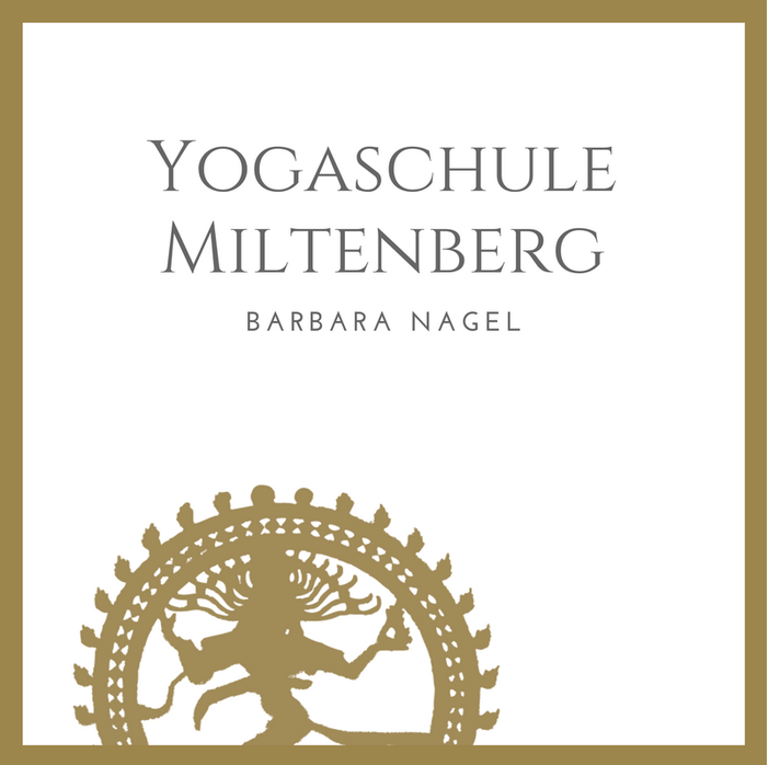 Flyer für die Yogaschule Miltenberg mit dem Namen Barbara Nagel, goldene Dekoration und symbolische Abbildung eines Yogis.