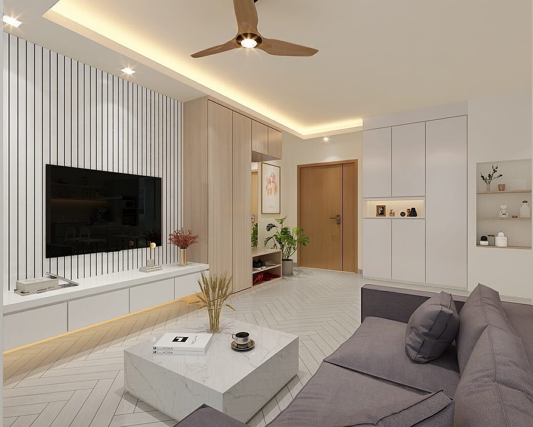 Check out our 3D perspectives of a proposed layout for a 4 room BTO at the upcoming Ang Mo Kio court project...
Earthy, neutral palette of white, greys and accents of wood which are getting popular these days amongst homeowners.
The soft, gentle past