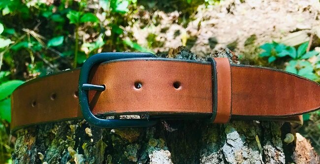 LIght Brown Belt with Black Buckle and dark edges — Boone's Lick Road  Leather Co.