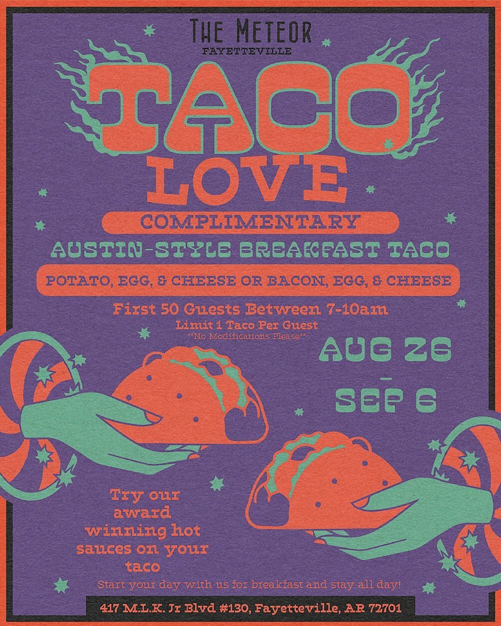 FAYETTEVILLE! For the love of tacos 

Starting tomorrow, swing by the cafe for Austin-style breakfast tacos on us. Every day, our first 50 guests will get a choice between a potato, egg &amp; cheese or a bacon, egg &amp; cheese&hellip; on the house 
